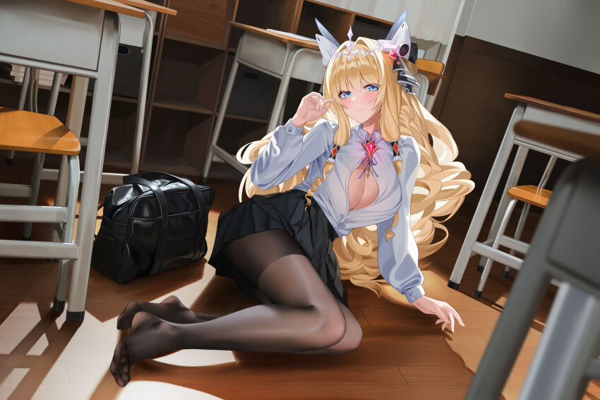 1girl absurdres black_bag black_pantyhose black_skirt blonde_hair blue_eyes blurry blush breasts center_opening chair classroom cleavage closed_mouth commentary_request crown_(nikke) depth_of_field desk drill_hair feet goddess_of_victory:_nikke hair_intakes highres indoors large_breasts long_hair looking_at_viewer miniskirt nose_blush pantyhose pleated_skirt revision school_chair school_desk shirt shitsurakuen_(paradise_lost) sitting skirt smile soles solo tiara too_many_drills very_long_hair white_shirt yokozuwari