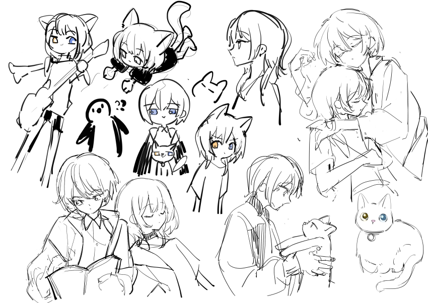 2girls absurdres animal_ears animalization bang_dream! bang_dream!_it&#039;s_mygo!!!!! blue_eyes cat cat_ears cat_girl choker closed_eyes commentary heterochromia highres jhon_trick kaname_raana kemonomimi_mode multiple_girls raana_the_cat sketch spot_color takamatsu_tomori yellow_eyes yuri