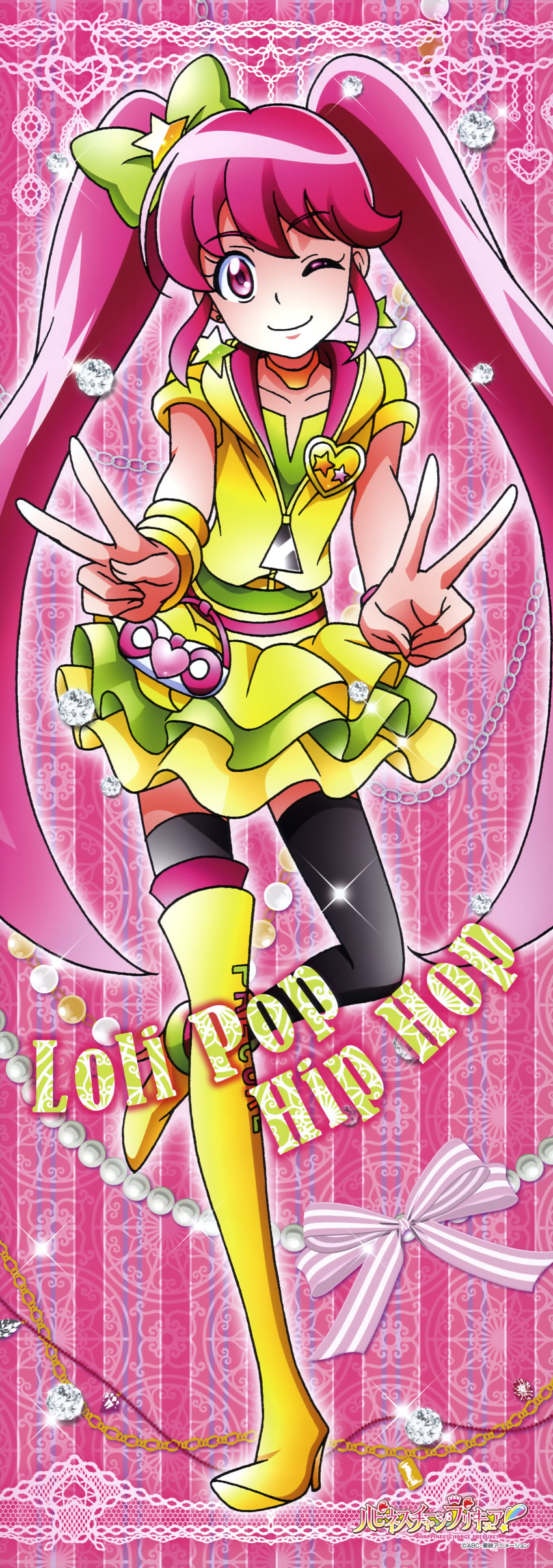 10s 1girl absurdres aino_megumi alternate_form asymmetrical_footwear asymmetrical_legwear bow brooch cure_lovely cure_lovely_(lollipop_hip_hop) double_v earrings frills hair_bow hand_on_own_hip happinesscharge_precure! heart heart_brooch highres jacket jewelry long_hair magical_girl mismatched_footwear multiple_girls official_art one_eye_closed pink_eyes pink_hair precure satou_masayuki skirt thighhighs twintails uneven_legwear v wrist_cuffs