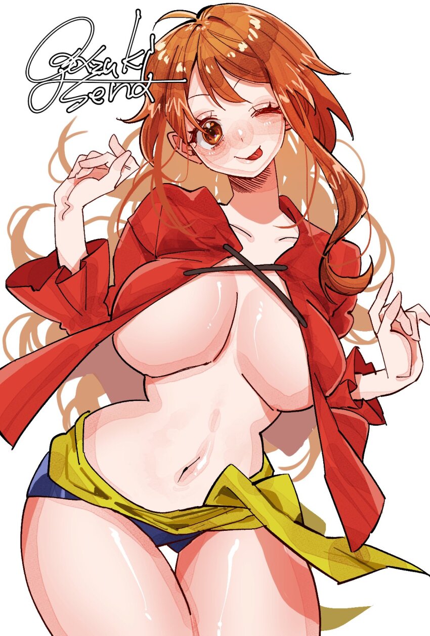 1girl azuki_sena blue_shorts breasts closed_mouth collarbone cosplay cowboy_shot hands_up highres large_breasts long_hair looking_at_viewer midriff monkey_d._luffy monkey_d._luffy_(cosplay) nami_(one_piece) narrow_waist navel one_eye_closed one_piece open_clothes open_vest orange_eyes orange_hair red_vest sash short_shorts shorts signature smile solo thigh_gap tongue tongue_out vest wavy_hair white_background yellow_sash