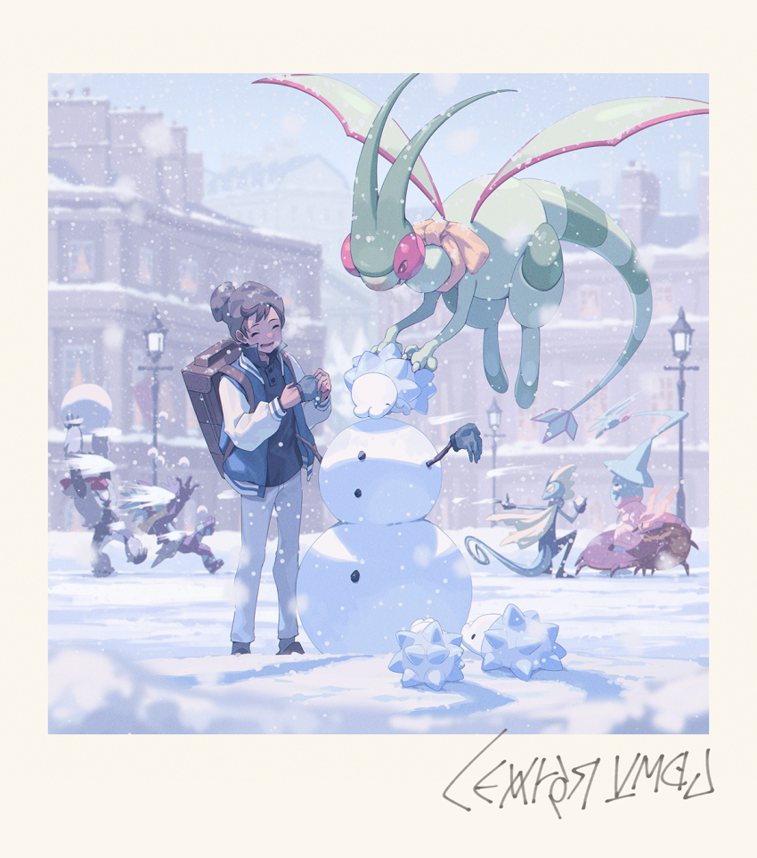 1boy ^_^ beanie bug centiskorch claws closed_eyes cocodar colored_skin commentary_request floating flygon gen_3_pokemon gen_8_pokemon green_skin grey_hat hat hatterene highres inteleon male_focus nintendo obstagoon open_mouth outdoors pokemon pokemon_swsh smile snom snowball snowball_fight snowing snowman tail toxtricity victor_(pokemon) wings winter