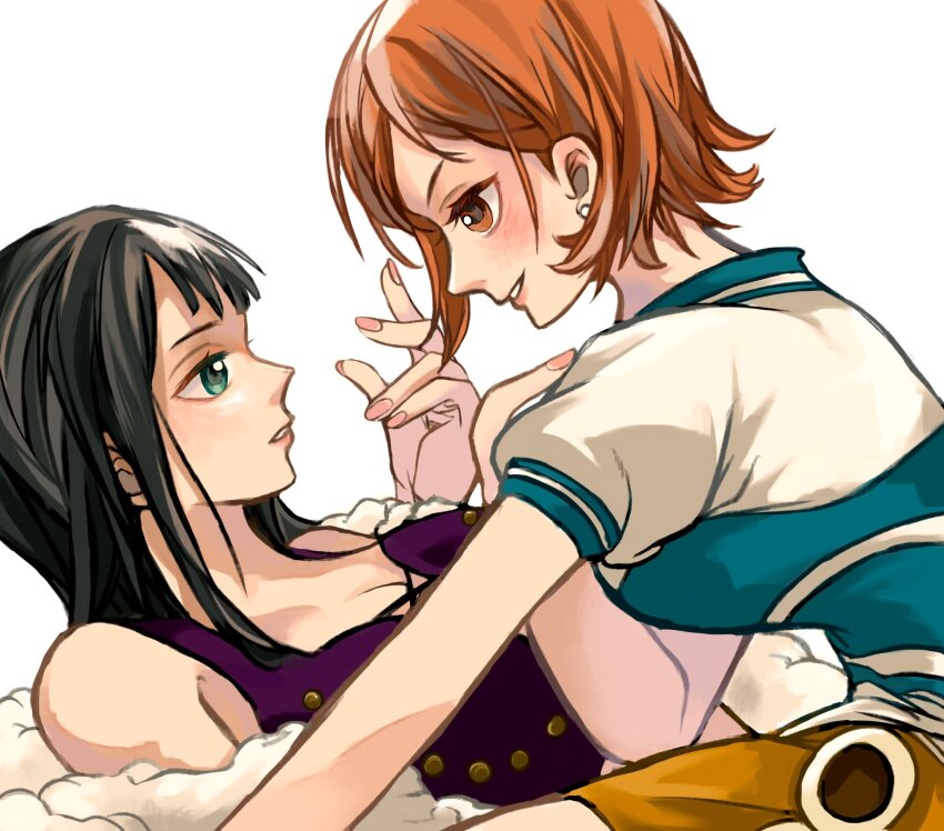 2girls black_hair blue_eyes blunt_bangs blush coat earrings eye_contact highres jewelry looking_at_another medium_hair multiple_girls nami_(one_piece) nami_(one_piece)_(east_blue) nico_robin nico_robin_(alabasta) one_piece orange_eyes orange_hair pink_nails profile purple_shirt shirt short_hair simple_background sinoda_maru7326 skirt smile t-shirt traditional_media white_background white_coat yellow_skirt yuri