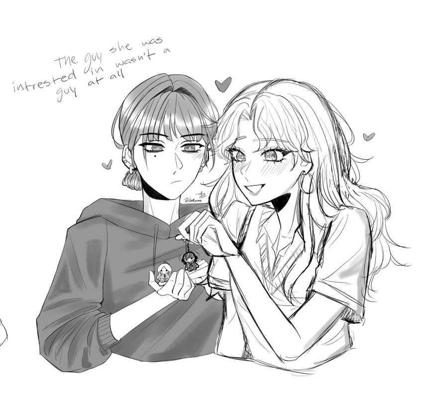 2girls :/ :d bad_id bad_instagram_id blush bright_pupils character_charm charm_(object) closed_mouth collared_shirt copyright_name cropped_torso dress_shirt ear_piercing earrings english_text greyscale hair_bun heart highres holding holding_charm hood hood_down hoodie hoop_earrings instagram_username jewelry kininatteru_hito_ga_otoko_ja_nakatta koga_mitsuki long_hair mole mole_under_eye monochrome multiple_girls oosawa_aya open_mouth piercing shirt short_sleeves signature simple_background single_hair_bun sketch smile sweater_vest twitter_username vin_(duckvins) white_background white_pupils
