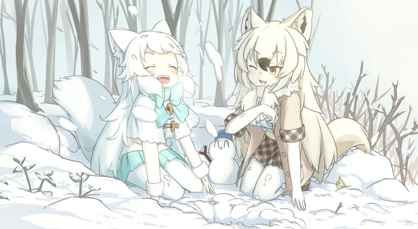 animal_ears arctic_fox_(kemono_friends) arctic_wolf_(kemono_friends) black_hair blue_bow blue_bowtie blue_skirt bow bowtie capelet center_frills closed_eyes coat crop_top elbow_gloves extra_ears fang fangs fox_ears fox_girl fox_tail frills fur_collar fur_trim gloves grey_jacket grey_skirt hair_between_eyes highres jacket kemono_friends kemono_friends_3 laughing long_hair midriff multicolored_hair navel one_eye_closed onefiresticks open_mouth panties plaid_clothes plaid_skirt plaid_trim pleated_skirt shirt short_sleeves sidelocks skirt smile snow snowman tail two-tone_hair underwear white_bow white_bowtie white_capelet white_coat white_fur white_gloves white_hair white_panties white_shirt wolf_ears wolf_girl wolf_tail yellow_eyes