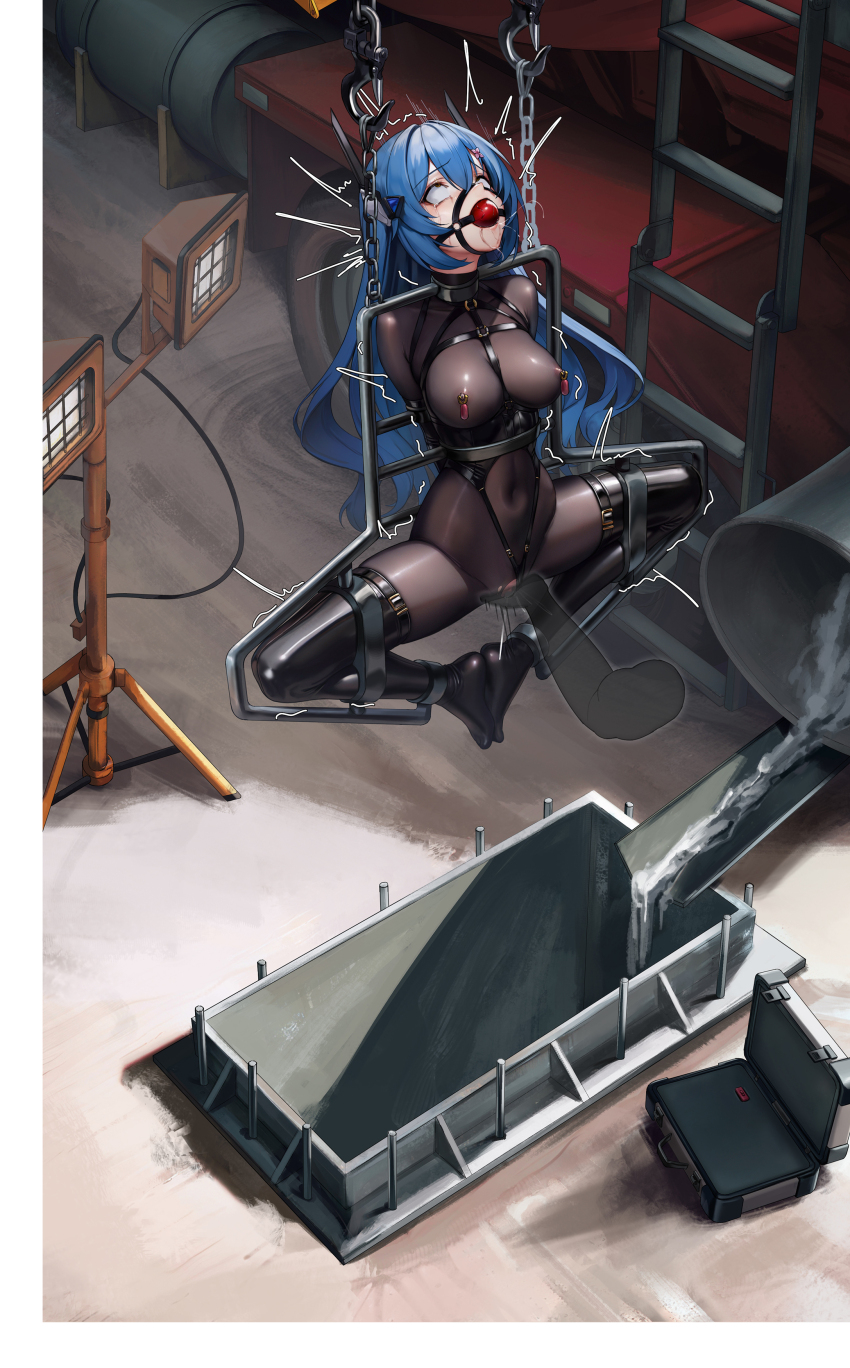1girl absurdres arms_behind_back ball_gag bdsm black_thighhighs bodysuit bondage bound breasts censored collar concrete covered_navel crane_(machine) dildo execution full_body gag gag_harness gagged highres immobilization impossible_bodysuit impossible_clothes kumachi_(aikawaakeya) latex latex_bodysuit latex_thighhighs long_hair looking_to_the_side medium_breasts mosaic_censoring nipple_penetration object_insertion original restrained separated_legs sex_toy shibarikini skin_tight solo stomach stuck suspension thighhighs vaginal vaginal_object_insertion very_long_hair yellow_eyes