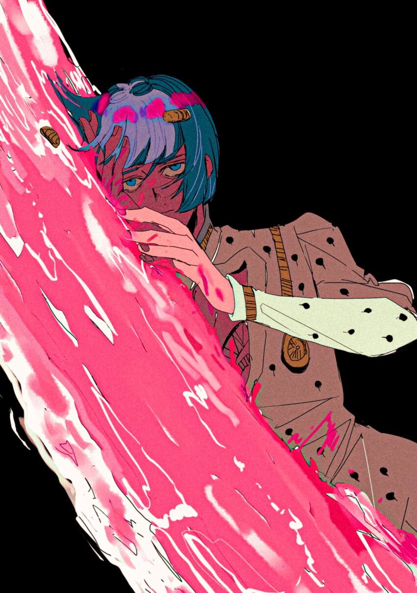 1boy black_background blood blood_on_clothes blood_on_face blood_on_hands blue_eyes blue_hair blunt_bangs bruno_bucciarati closed_mouth commentary_request cowboy_shot dark_blue_hair formal_clothes hair_behind_ear hand_on_own_face highres jacket jitome jojo_no_kimyou_na_bouken long_sleeves lying male_focus motunikomi on_side pink_blood simple_background solo suit suit_jacket vento_aureo white_suit