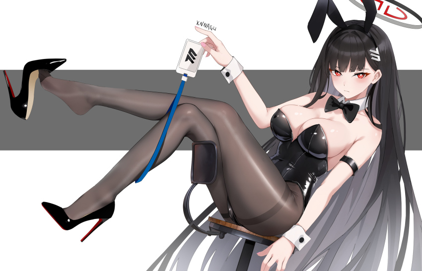 alternate_costume animal_ear_hairband animal_ears bare_arms bare_shoulders black_bow black_bowtie black_hair black_hairband black_leotard black_pantyhose black_shoes blue_archive blush bow bowtie christian_louboutin_(brand) closed_mouth detached_collar fake_animal_ears hair_behind_ear hair_ornament hairband hairclip high_heels highres id_card legs leotard long_hair looking_at_viewer louboutins pantyhose patent_heels playboy_bunny pumps rabbit_ear_hairband rabbit_ears red_eyes red_soles rio_(blue_archive) shoes stiletto_heels strapless strapless_leotard wrist_cuffs xnnagu