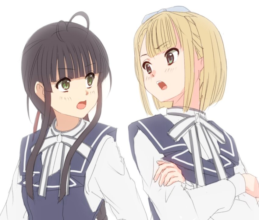 22/7 2girls angry antenna_hair arguing black_hair blonde_hair bxtbsy7q76gxh73 crossed_arms dress green_eyes hair_ornament hair_ribbon highres keisanchuu_new_costume long_hair multiple_girls open_mouth pinafore_dress ribbon saito_nicole shirt_under_dress short_hair sleeveless sleeveless_dress teeth uniform upper_body white_background yagami_toa