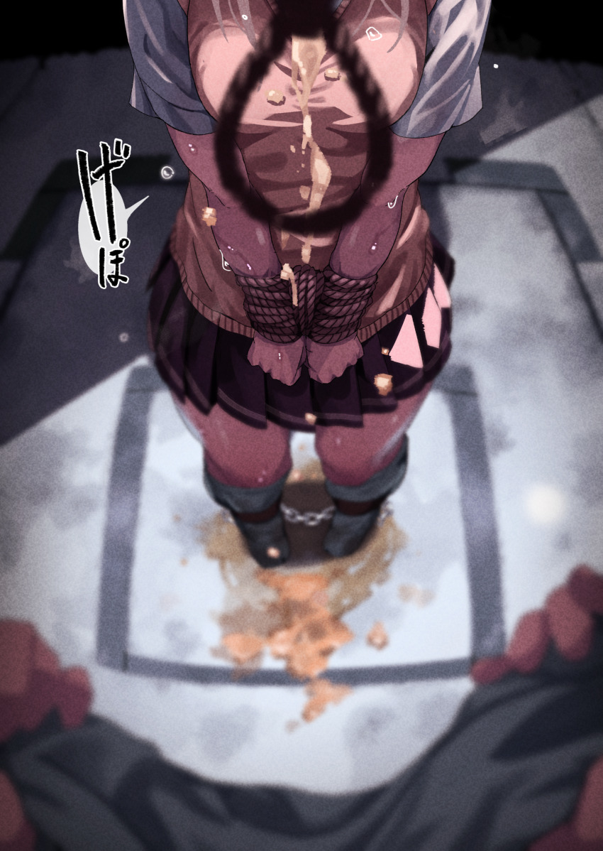 1girl 1other absurdres bound bound_wrists breasts commentary_request execution highres huyunokure medium_breasts noose original pleated_skirt pov pov_hands rope school_uniform skirt speech_bubble standing sweater_vest vomit