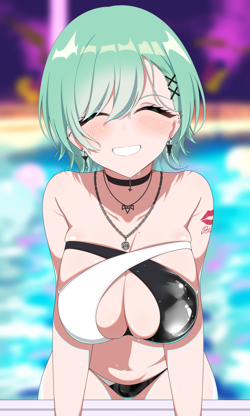 1girl absurdres arm_support bikini black_bikini black_choker blurry blurry_background blush breasts chain chain_necklace character_name choker closed_eyes cross-laced_bikini cross-laced_clothes earrings green_hair grin hair_behind_ear hair_ornament highres jewelry large_breasts lipstick_mark_tattoo long_hair looking_at_viewer mole mole_on_breast multicolored_bikini multiple_necklaces navel necklace omas_lie pool poolside short_hair shoulder_tattoo skindentation smile solo spiked_ear_piercing strapless strapless_bikini swept_bangs swimsuit tattoo triangle_earrings two-tone_bikini virtual_youtuber vspo! water wet white_bikini x_hair_ornament yakumo_beni yakumo_beni_(3rd_anniversary)