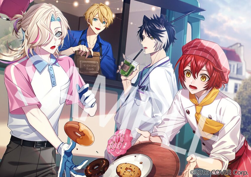 4boys :d :o alternate_costume alternate_hairstyle animal_ears apron aqua_hair aqua_shirt bag belt black_apron black_belt black_hair blonde_hair blue_eyes blue_gloves blue_shirt building buttons chef coat collared_shirt copyright_notice cowboy_shot cup curtained_hair day delivery disposable_cup doctor donut double-breasted drinking_straw dropping fingernails food food_truck gloves grey_pants hair_between_eyes hair_bun hair_over_one_eye half_updo hanasaki_miyabi hat holding holding_bag holding_cup holding_tray holostars id_card jackal_boy jackal_ears jacket kageyama_shien kishido_temma lab_coat lanyard long_sleeves looking_to_the_side male_focus medical_scrubs medium_hair multicolored_hair multiple_boys neckerchief object_in_pocket official_art open_clothes open_coat open_collar open_mouth outdoors pants paper_bag pen_in_pocket pink_hair pink_hat pink_sleeves plate pocket polo_shirt red_apron red_hair sample_watermark sharp_fingernails shirt short_hair single_hair_bun sleeves_rolled_up smile streaked_hair striped_apron striped_clothes striped_headwear surprised sweatdrop swept_bangs tray tree tripping two-tone_gloves two-tone_hair uniform upper_body utsugi_uyu virtual_youtuber waist_apron watermark white_coat white_eyes white_gloves white_hair white_jacket white_shirt y_at_(yuuya) yellow_eyes yellow_neckerchief