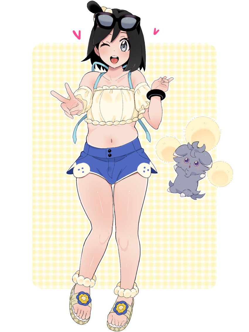 1boy ;d anklet bare_shoulders bead_anklet beads black_hair blue_shorts bracelet bulge calem_(pokemon) collarbone commentary_request cosplay double_v espurr gen_6_pokemon grey_eyes happy heart highres jewelry knees looking_at_viewer male_focus medium_hair midriff navel nintendo one_eye_closed open_mouth pokemon pokemon_(creature) pokemon_masters_ex pokemon_xy sana_(37pisana) sandals shorts skyla_(pokemon) skyla_(pokemon)_(cosplay) skyla_(summer_2025)_(pokemon) smile teeth toes tongue upper_teeth_only v