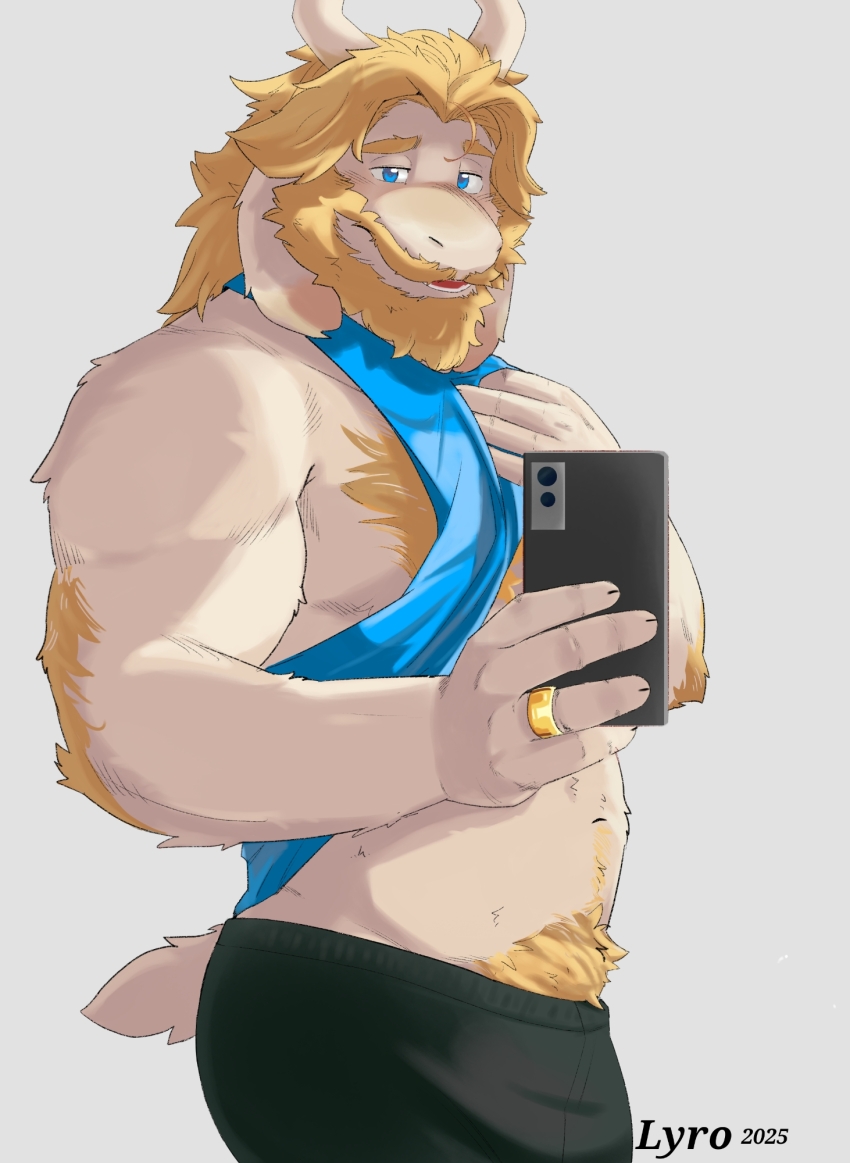 1boy animal_ears artist_name asgore_dreemurr bara beard belly biceps black_pants blonde_hair blue_tank_top chest_hair clothes_lift commentary dated english_commentary facial_hair floppy_ears furry furry_male goat_ears goat_horns goat_tail gold_ring highres holding holding_phone horns looking_at_viewer lyro male_focus open_mouth pants phone shirt_lift stomach_hair tank_top undertale