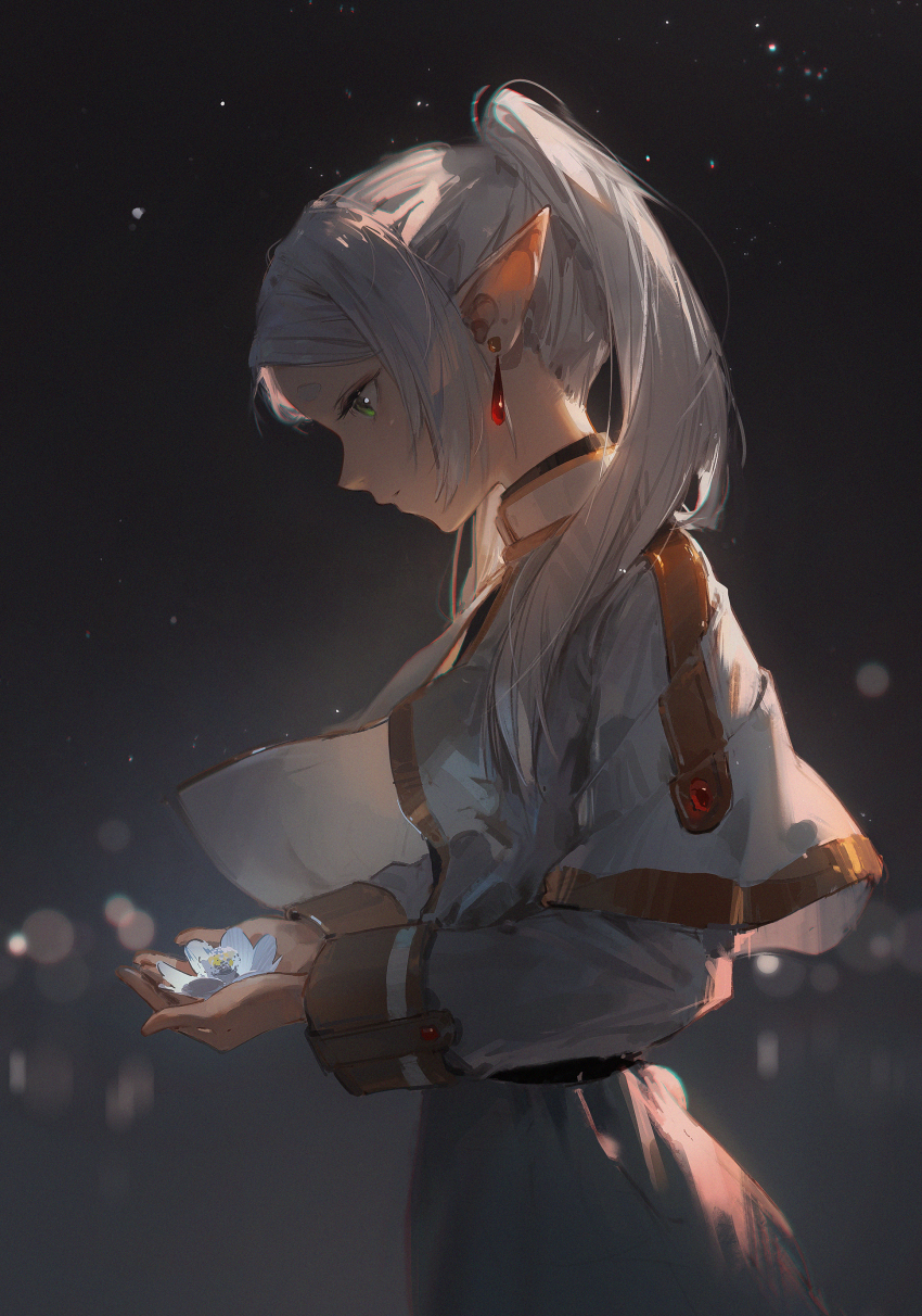 1girl absurdres blurry bokeh capelet closed_mouth commentary cowboy_shot depth_of_field dino_(dinoartforame) dress earrings elf expressionless floating_earring flower forehead frieren from_side green_eyes grey_hair highres holding holding_flower jewelry long_hair looking_down night outdoors own_hands_together parted_bangs pointy_ears profile sidelocks solo sousou_no_frieren teardrop_earrings twintails white_capelet white_dress white_flower