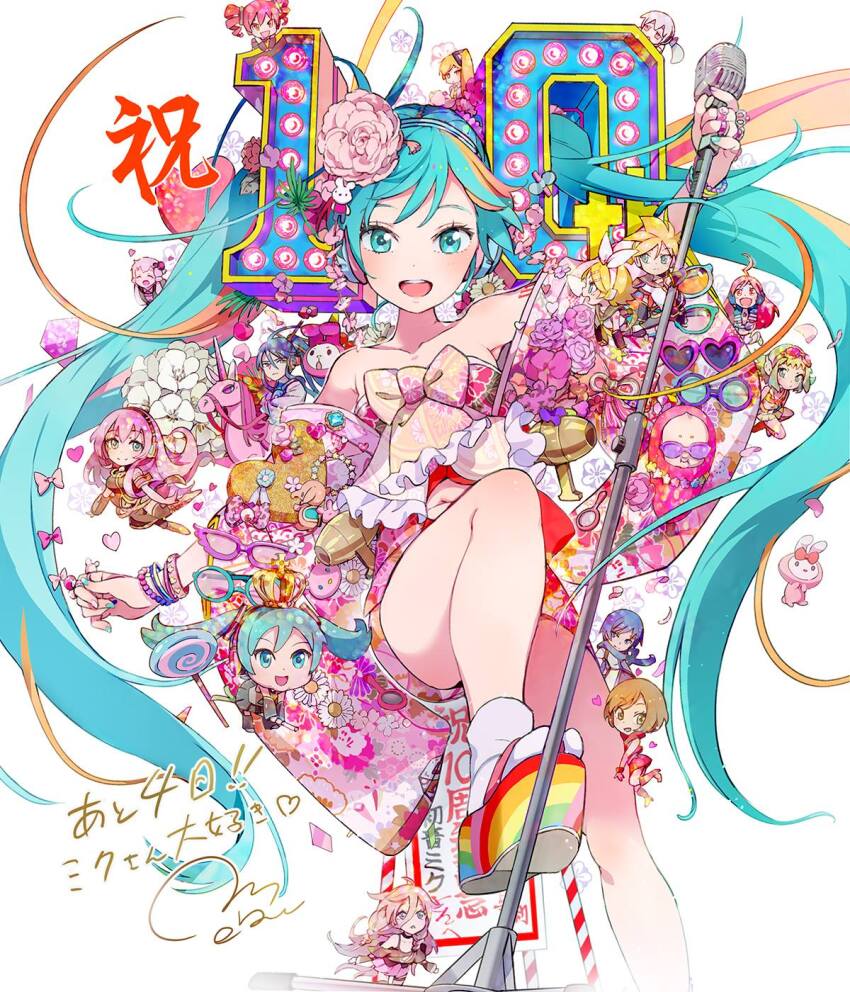 akita_neru bow chibi flower gumi hair_flower hair_ornament hatsune_miku highres ia_(vocaloid) japanese_clothes kagamine_len kagamine_rin kaito_(vocaloid) kamui_gakupo kasane_teto kimono mebae megurine_luka meiko_(vocaloid) microphone platform_clogs sf-a2_miki yowane_haku yuzuki_yukari