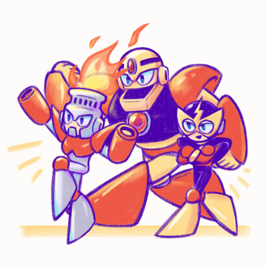 3boys blue_eyes elec_man fire fire_man guts_man highres humanoid_robot laser-lance looking_at_another mega_man_(classic) mega_man_(series) mega_man_1 multiple_boys open_mouth robot simple_background smile white_background