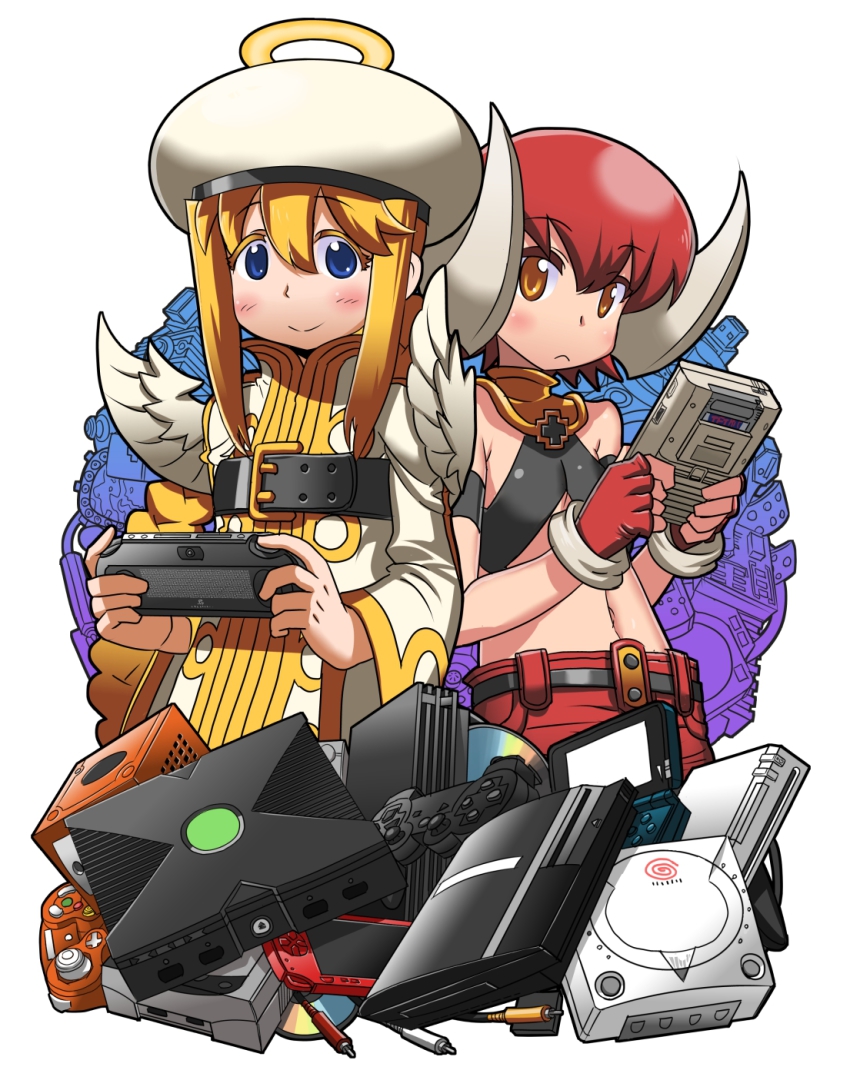 2girls bad_id bad_tumblr_id bare_shoulders belt_bra blonde_hair blue_eyes blush cable controller denshi_yuugi_mokushiroku dualshock eleca fingerless_gloves game_boy game_boy_(original) game_console game_controller gamecube gamepad gloves halo halterneck handheld_game_console hat highres horns long_hair matsuda_yuusuke midriff mini_wings multiple_girls nintendo_3ds playing_games playstation_1 playstation_2 playstation_3 playstation_controller playstation_portable playstation_vita red_hair sega_dreamcast sega_saturn short_hair tesera wii wings xbox_(original) yellow_eyes