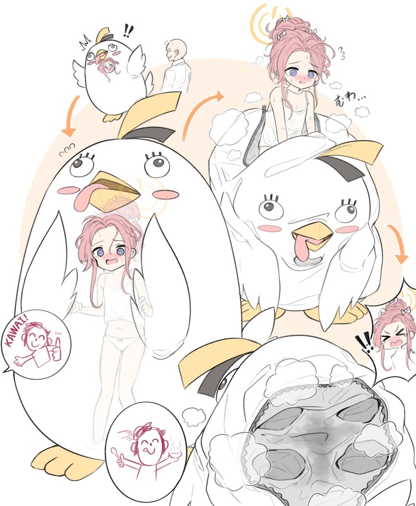 1boy 1girl animal_costume bird blue_archive bow bow_panties camisole doodle_sensei_(blue_archive) flat_chest halo highres jokebag mascot_costume navel panties penguin peroro_(blue_archive) purple_eyes red_hair sensei_(blue_archive) steam steaming_body sweat underwear white_panties yuzu_(blue_archive)