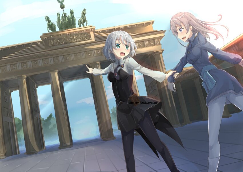 2girls black_jacket black_necktie black_pantyhose black_skirt blue_jacket blue_sky boots breasts cloud commentary_request eila_ilmatar_juutilainen grabbing_another&#039;s_arm jacket long_hair looking_at_another medium_breasts military military_uniform monument multiple_girls necktie open_mouth outdoors pantyhose pointing ragnaveldt sanya_v._litvyak short_hair skirt sky standing strike_witches white_boots white_hair white_pantyhose world_witches_series
