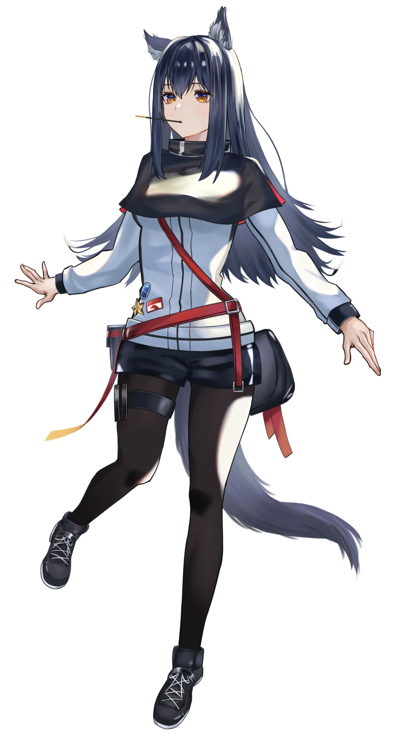 1girl absurdres animal_ear_fluff animal_ears arknights black_capelet black_hair black_pantyhose black_shoes black_shorts black_tail capelet commentary food food_in_mouth full_body hair_between_eyes highres jacket long_hair long_sleeves looking_ahead mouth_hold pantyhose pocky pocky_in_mouth shoes short_shorts shorts solo star_(symbol) tail takiren texas_(arknights) thigh_strap white_jacket wolf_ears wolf_girl wolf_tail yellow_eyes