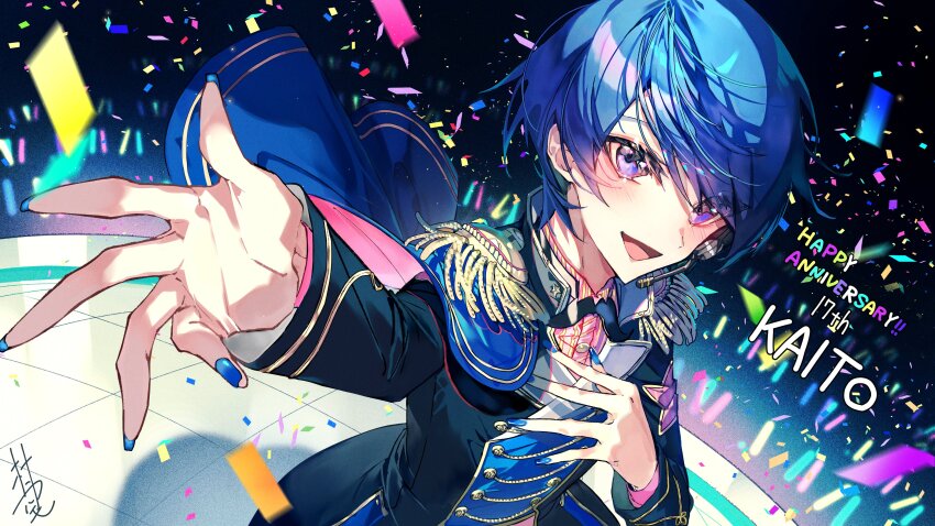 1boy :&gt; absurdres black_coat blue_hair blue_nails blurry character_name coat commentary_request confetti depth_of_field epaulettes glowstick guest_art hand_on_own_chest happy_anniversary highres kaito_(vocaloid) looking_at_viewer male_focus mura_karuki open_mouth outstretched_arm penlight_(glowstick) pink_shirt project_sekai purple_eyes second-party_source shirt short_hair signature solo tongue vocaloid wonderlands_x_showtime_kaito