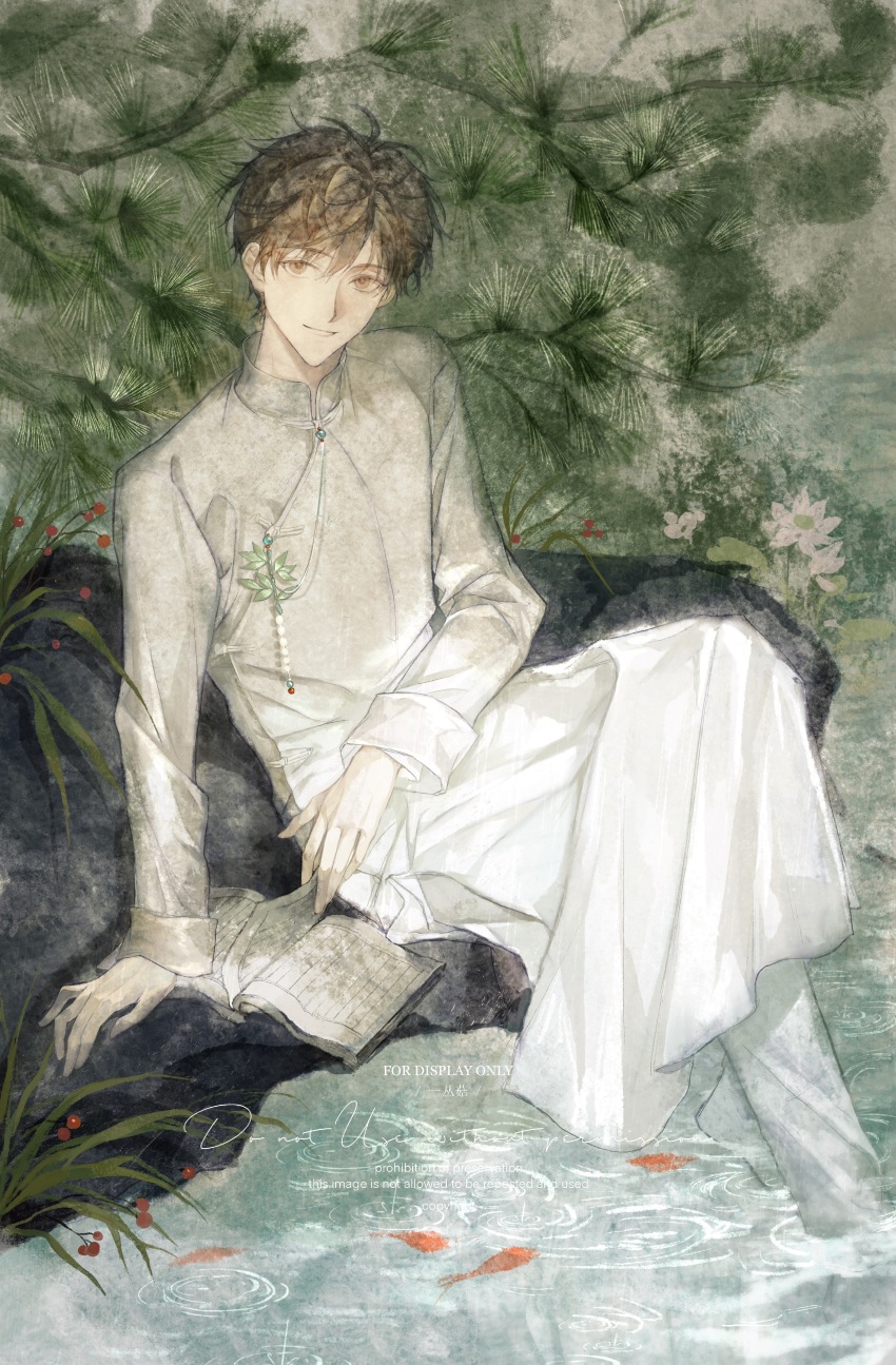 1boy absurdres arm_support beads black_hair book branch brown_eyes changpao chinese_clothes closed_mouth dao_mu_bi_ji flower foot_out_of_frame guzhongyi634 hair_between_eyes highres jewelry long_sleeves looking_at_viewer male_focus mandarin_collar nature on_rock outdoors pants plant shirt short_hair sitting smile soaking_feet solo turning_page water white_flower white_pants white_shirt white_sleeves wu_xie_(daomu_biji)