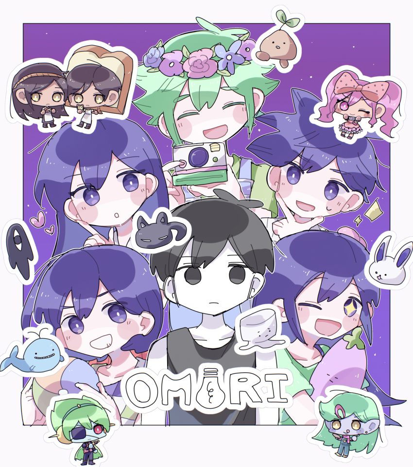 +_+ 5girls 6+boys :d :o ^_^ absurdres antenna_hair arms_at_sides aubrey_(headspace)_(omori) aubrey_(omori) ball bare_shoulders basil_(headspace)_(omori) basil_(omori) beachball biscuit_(omori) black_eyes black_hair black_tank_top blue_flower blue_overalls blue_rose border bright_pupils brother_and_sister brothers camera captain_spaceboy character_sticker checkered_clothes closed_eyes closed_mouth colored_skin commentary_request copyright_name double-parted_bangs doughie_(omori) facing_viewer flower flower_wreath forest_bunny_(omori) frown green_hair green_shirt grin hair_behind_ear hair_between_eyes hapipipp head_wreath heart hero_(headspace)_(omori) hero_(omori) highres holding holding_ball holding_beachball holding_camera holding_stuffed_toy humphrey_(omori) kel_(headspace)_(omori) kel_(omori) long_hair looking_at_another looking_at_viewer mari_(headspace)_(omori) mari_(omori) mewo mr._plantegg_(omori) multiple_boys multiple_girls no_pupils omori omori_(omori) one_eye_closed open_mouth outdoors overalls pink_flower pink_rose purple_eyes purple_hair purple_sky rococo_(omori) rose shirt short_hair short_sleeves siblings simple_background sky smile snaley_(omori) something_(omori) sparkle sprout_mole straight_hair stuffed_eggplant stuffed_toy sweatdrop sweetheart_(omori) tank_top twins upper_body white_border white_pupils white_skin yellow_pupils