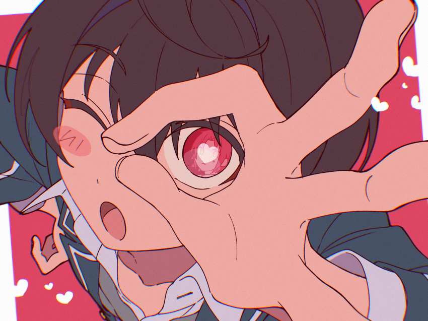 1boy 2boys ;o arm_up black_hair blush_stickers border bright_pupils ensemble_stars! eye_reflection foreshortening from_above hair_between_eyes hand_on_own_hip heart heart-shaped_pupils highres isara_mao lopsided_border male_focus multiple_boys niyororinpayamaru ok_sign ok_sign_over_eye one_eye_closed open_collar open_mouth outside_border pink_background pink_eyes reflection sakuma_ritsu school_uniform short_hair solo solo_focus split_mouth symbol-shaped_pupils white_border white_pupils wing_collar yumenosaki_school_uniform