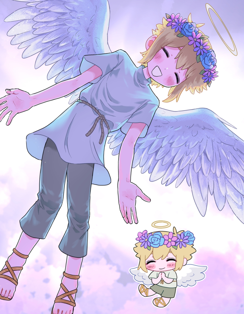 1boy angel angel_wings basil_(faraway)_(omori) basil_(omori) blonde_hair blush brown_sandals chibi closed_eyes flower grey_pants halo head_wreath highres male_focus miranosub official_alternate_costume omori open_mouth pants sandals short_sleeves smile solo wings