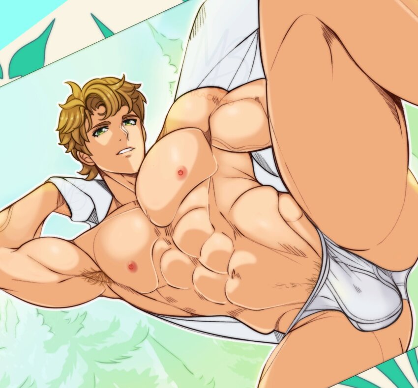 1boy abs arachmo armpit_hair bara boucheron_(fire_emblem) briefs brown_hair bulge commentary english_commentary fire_emblem fire_emblem_engage green_eyes highres large_pectorals male_focus male_underwear muscular muscular_male navel nintendo nipples parted_lips pectorals short_hair solo thighs underwear underwear_only veins white_male_underwear