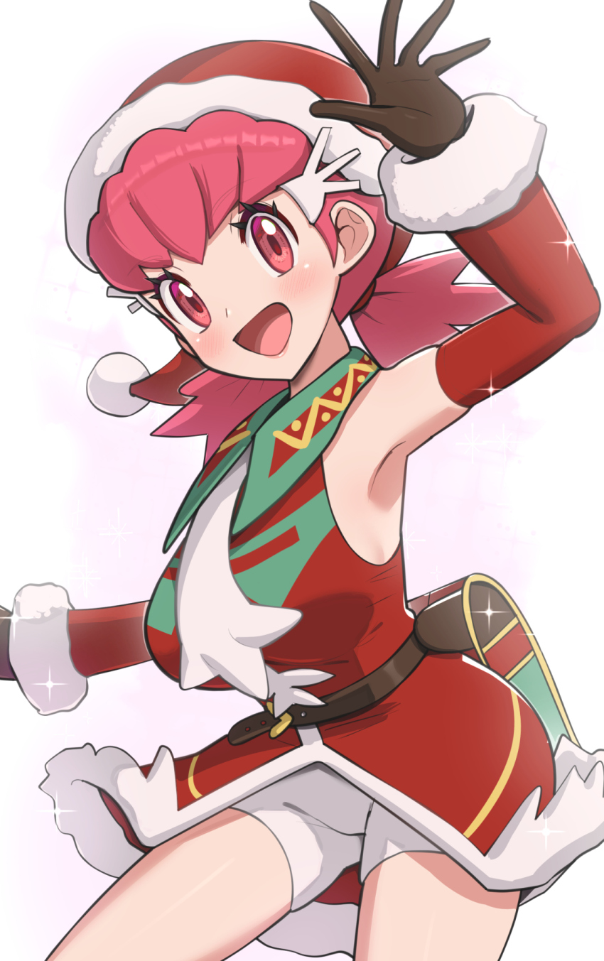 1girl :d arm_up armpits belt breasts brown_belt brown_gloves christmas coat collared_coat commentary_request cowboy_shot detached_sleeves eyelashes fanny_pack gloves gonzarez hat highres large_breasts long_hair nintendo official_alternate_costume open_mouth pink_eyes pink_hair pokemon pokemon_masters_ex red_coat red_hat santa_hat shorts simple_background sleeveless sleeveless_coat smile solo sparkle tongue white_background white_shorts whitney_(holiday_2022)_(pokemon) whitney_(pokemon)