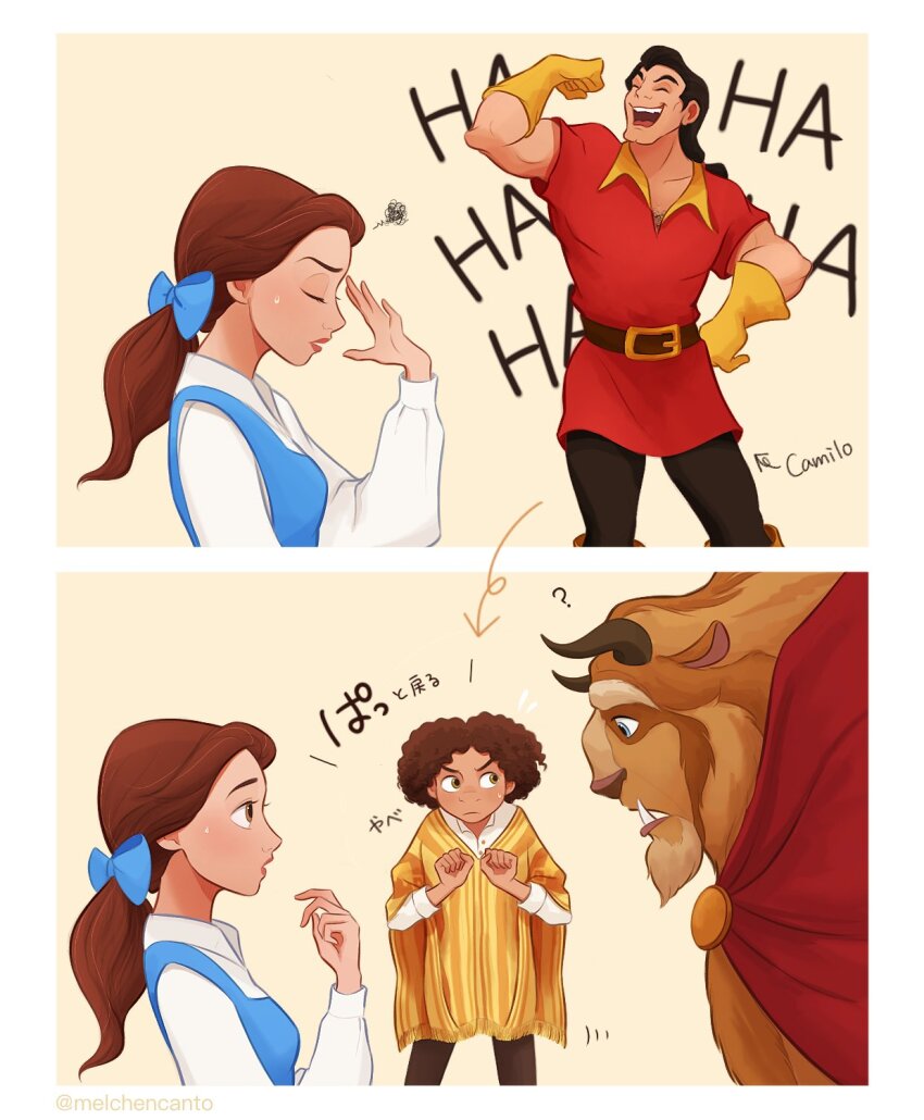annoyed beast_(disney) beauty_and_the_beast_(disney) belle_(disney) black_hair bow brown_hair camilo_madrigal cape commentary commentary_request crossover curly_hair dark-skinned_male dark_skin disney encanto english_commentary fangs flexing gaston gloves hair_bow hand_on_own_hip highres horns melchencanto mixed-language_commentary muscular muscular_male ponytail red_cape sweatdrop translation_request twitter_username yellow_gloves