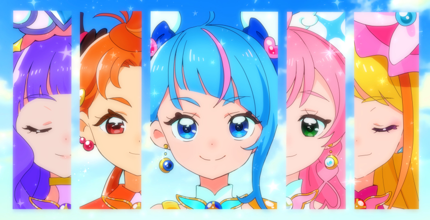 1boy 4girls ahoge black_hat blonde_hair blue_bow blue_eyes blue_hair bow brooch closed_eyes closed_mouth cloud commentary_request crescent crescent_earrings cure_butterfly cure_majesty cure_prism cure_sky cure_wing dress earrings ellee-chan green_eyes hair_bow hair_ornament hat hijiri_ageha hirogaru_sky!_precure jewelry kyanos_(b_0000ff) long_hair magical_boy magical_girl mini_hat mini_top_hat multicolored_hair multiple_girls nijigaoka_mashiro orange_hair orange_shirt partial_commentary pink_dress pink_hair pink_hat precure purple_dress purple_hair red_eyes shirt short_hair single_sidelock sky sora_harewataru tiara top_hat two-tone_hair upper_body white_dress wing_brooch wing_hair_ornament yuunagi_tsubasa