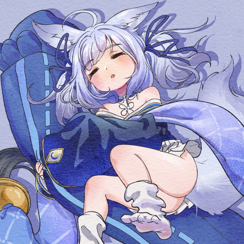 ahoge animal_ears azur_lane blue_hair blue_kimono child closed_eyes faux_traditional_media fox_ears fox_girl fox_tail gradient_hair hair_ribbon highres holding holding_pillow japanese_clothes kimono kitsune light_blue_hair loose_socks multicolored_hair nya_kirin paper_texture pillow ribbon shinano-chan_(azur_lane) skirt_under_kimono sleeping socks tail thighs twintails white_hair