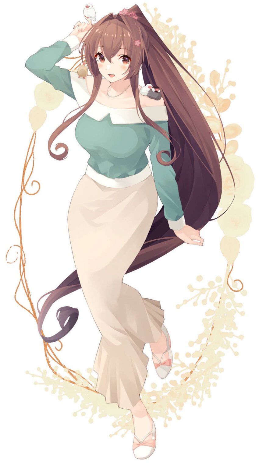 1girl alternate_costume animal animal_on_shoulder bare_shoulders bird bird_on_hand bird_on_shoulder breasts brown_eyes brown_hair commission eyelashes flower full_body hair_between_eyes hair_flower hair_ornament highres java_sparrow kantai_collection large_breasts long_hair long_skirt long_sleeves looking_at_viewer open_mouth ponytail shakemi_(sake_mgmgmg) shirt shoes sidelocks skeb_commission skirt solo very_long_hair white_shoes yamato_(kancolle)