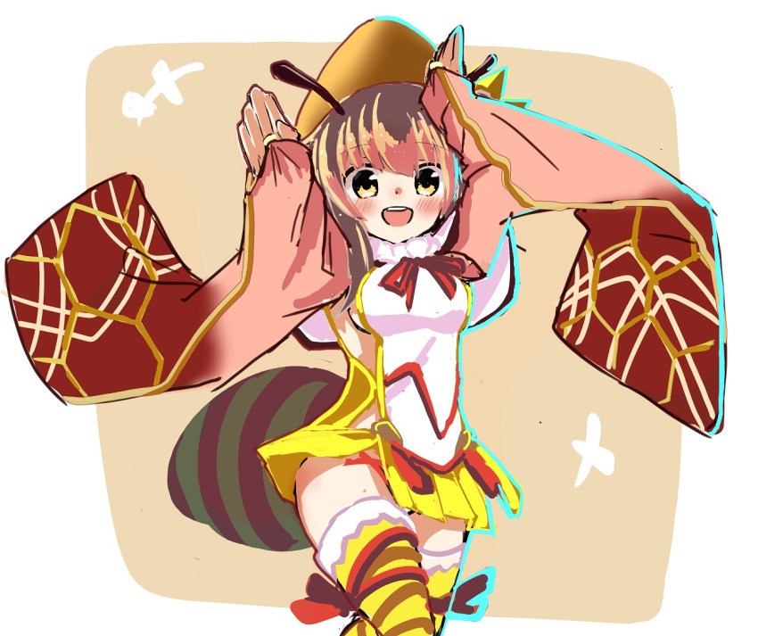 1girl antennae arthropod_girl atsushi_(aaa-bbb) awa_odori_tokushima bee_girl bee_print blush brown_hair clothing_cutout fur_collar hachisuka_masatsune_(tenka_hyakken) hands_up hip_vent honeycomb_(pattern) insect_girl long_sleeves notice_lines open_mouth print_sleeves red_ribbon ribbon sidelocks sketch skirt solo stinger teeth tenka_hyakken thighhighs torioigasa upper_teeth_only wide_sleeves yellow_eyes yellow_skirt