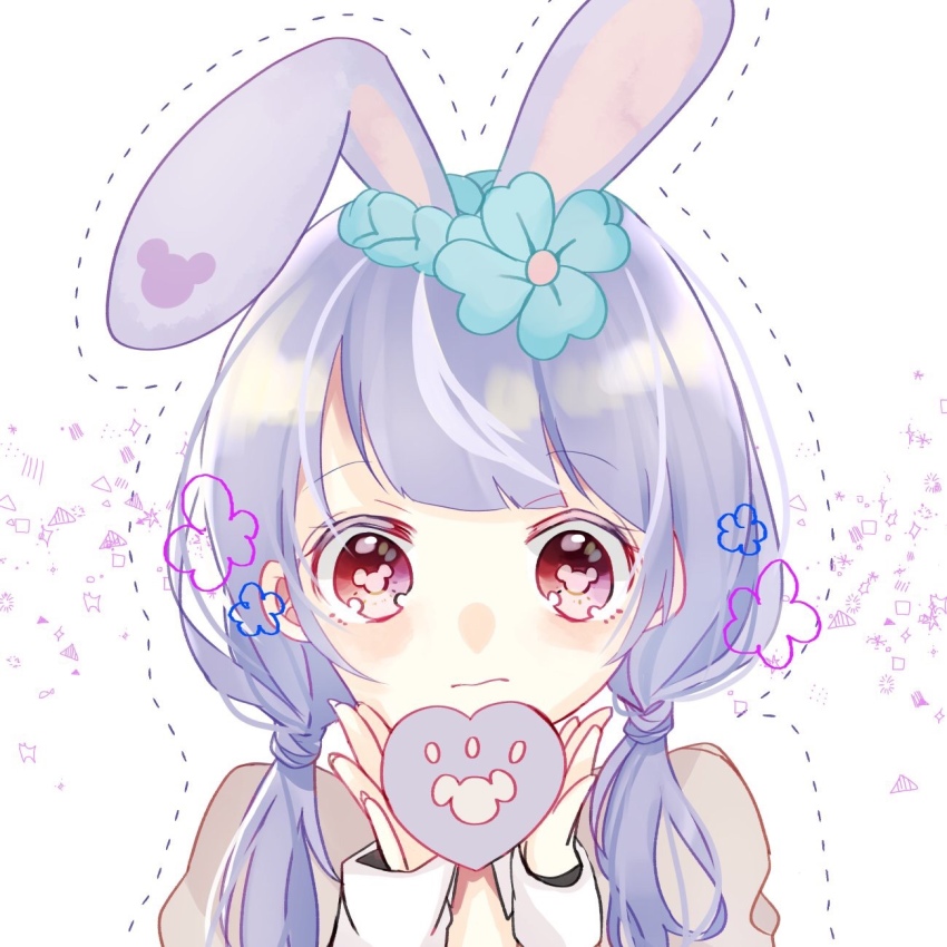 1girl animal_ears animification cosplay duffy_and_friends flower hair_flower hair_ornament highres holding humanization long_hair long_sleeves looking_at_viewer low_twintails mickey_mouse mickey_mouse_(cosplay) mmmm_n18 pink_eyes purple_hair rabbit_ears shirt smile solo stellalou twintails