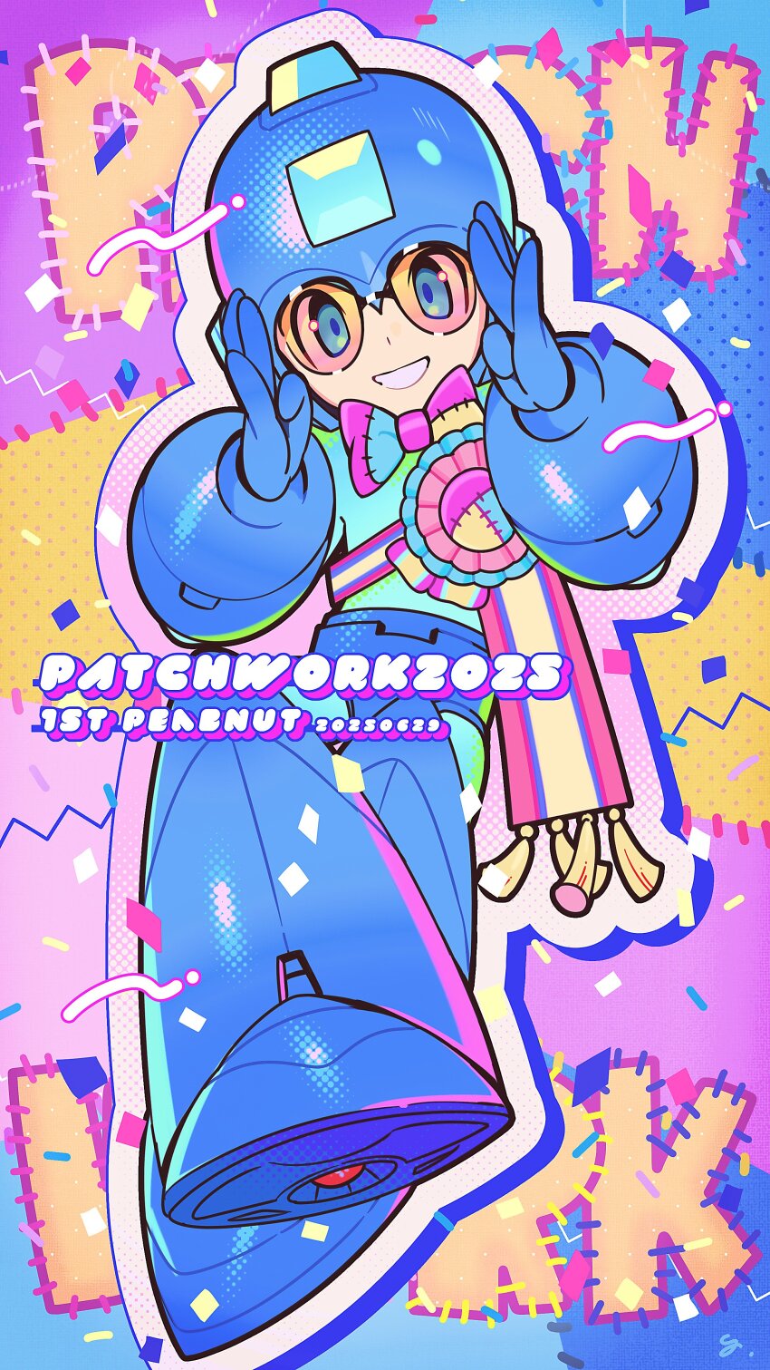 1boy absurdres armor blue_armor blue_eyes blue_helmet full_body helmet highres male_focus mega_man_(character) mega_man_(classic) mega_man_(series) solo sunglasses yasaikakiage