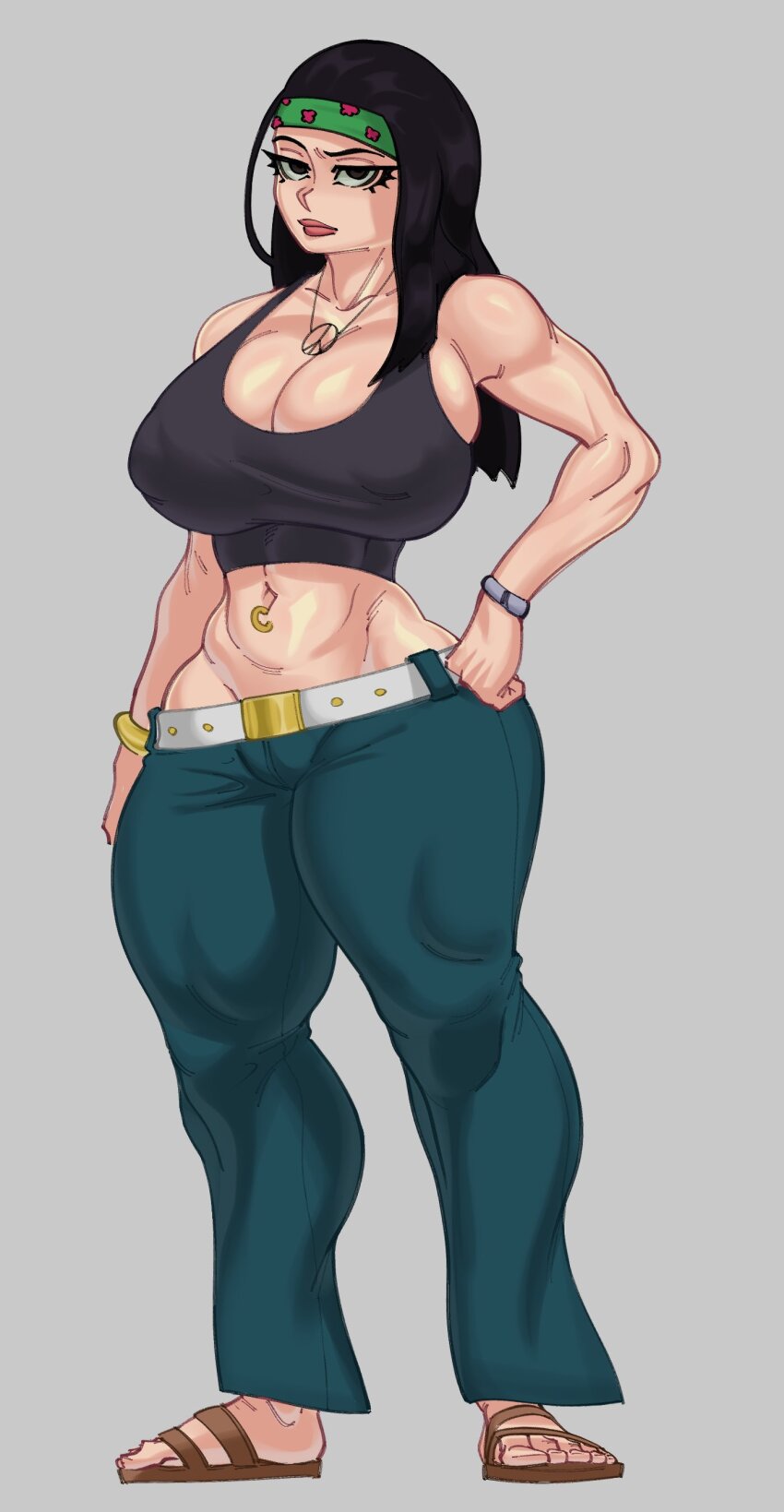 1girl absurdres american_dad! aqua_pants black_tank_top bracelet breasts cleavage crop_top full_body green_headband grey_background hayley_smith headband highres huge_breasts jewelry long_hair looking_at_viewer mruve3 navel_piercing necklace pants peace_symbol piercing sandals simple_background solo tank_top