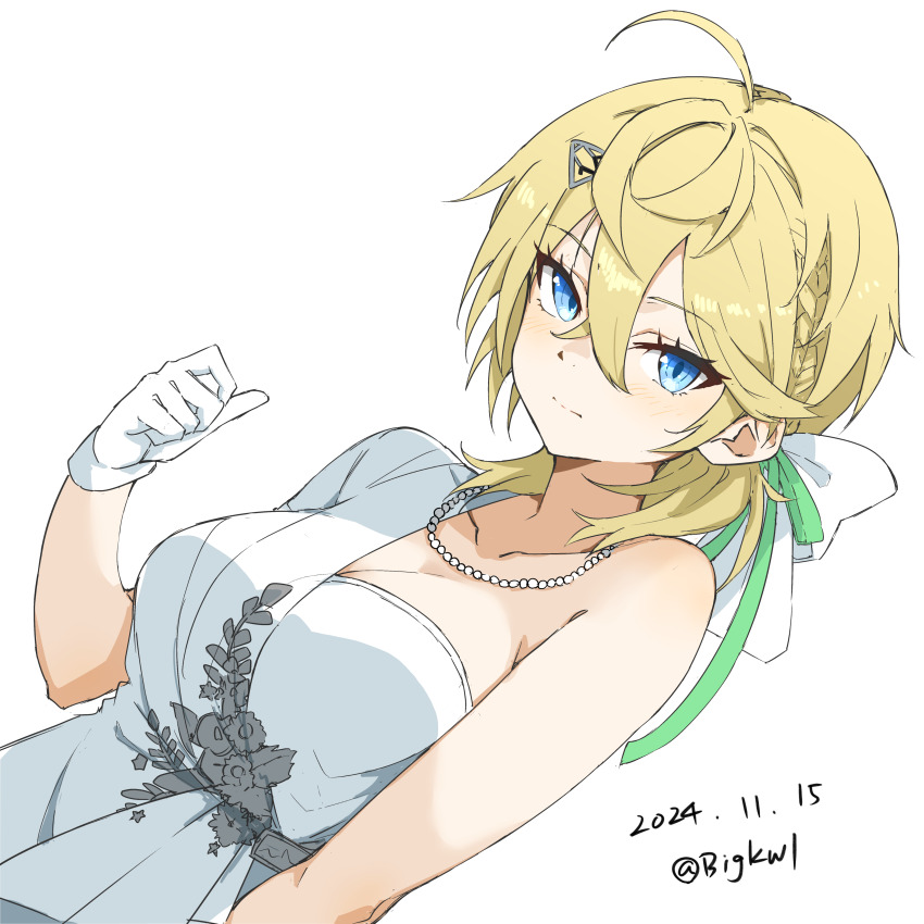 1girl absurdres bigkwl blonde_hair blue_eyes blush breasts cleavage dated dress gloves hair_between_eyes highres kantai_collection looking_at_viewer medium_hair simple_background smile solo tuscaloosa_(kancolle) twitter_username upper_body wedding_dress white_dress white_gloves