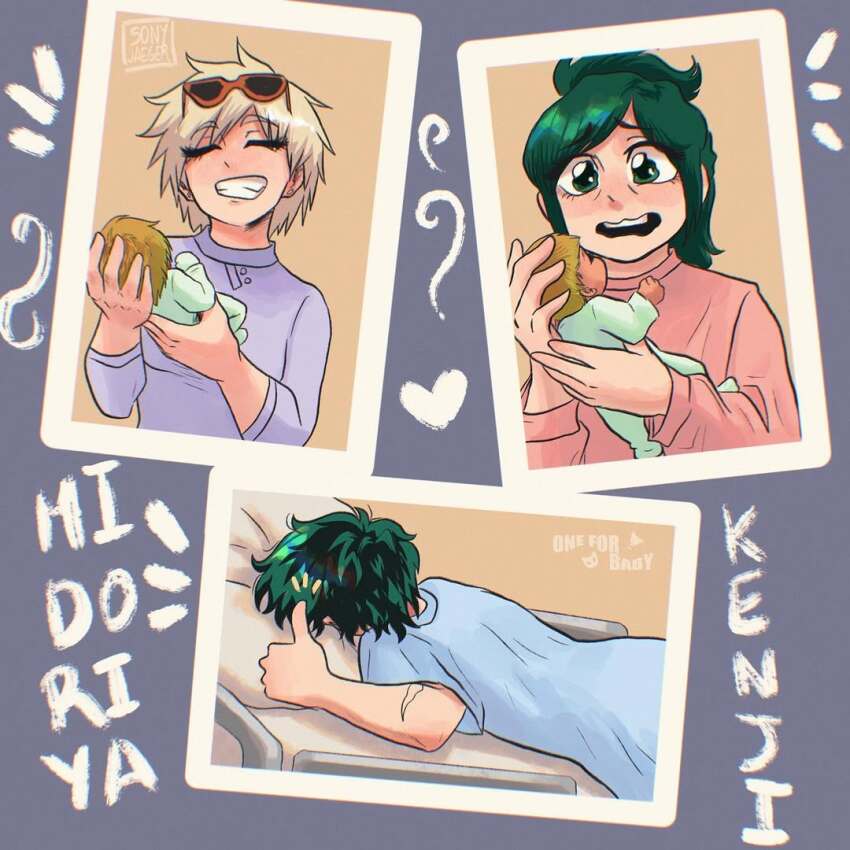 baby bakugou_mitsuki bed blonde_hair boku_no_hero_academia bones_(company) child crying grandmother_and_grandson green_hair hospital hospital_bed lying male_pregnancy messy_hair midoriya_inko midoriya_izuku omegaverse on_stomach pillow scar scar_on_arm shounen_jump smile tears thumbs_up toddler yaoi