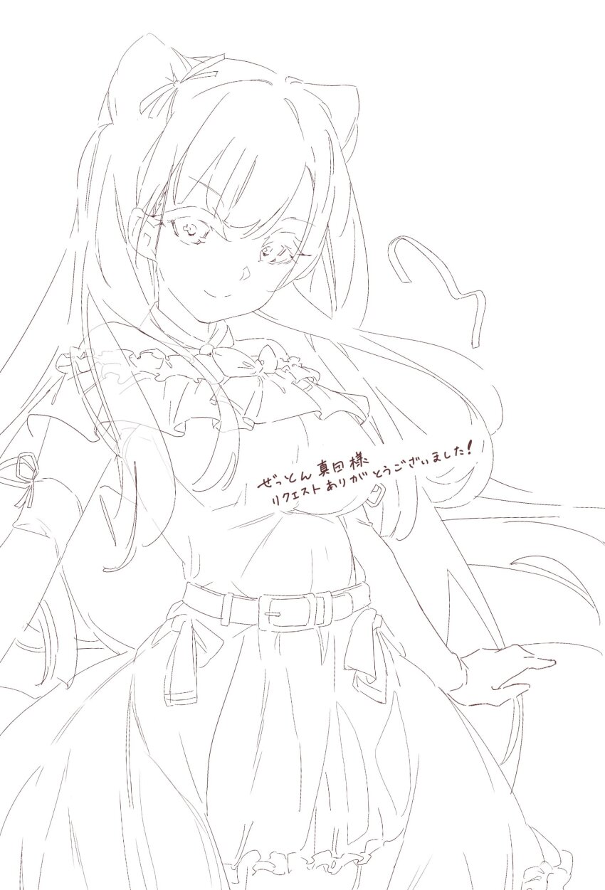 1girl absurdres arms_at_sides assault_lily bare_shoulders belt belt_buckle bow breasts buckle choker commentary commentary_request cone_hair_bun cowboy_shot double_bun dress dress_bow elbow_gloves frilled_dress frills gloves gozen_(assault_lily) greyscale hair_bun hair_ribbon highres kuro_ula long_hair looking_at_viewer medium_breasts monochrome off-shoulder_dress off_shoulder ribbon short_sleeves simple_background smile solo standing white_background