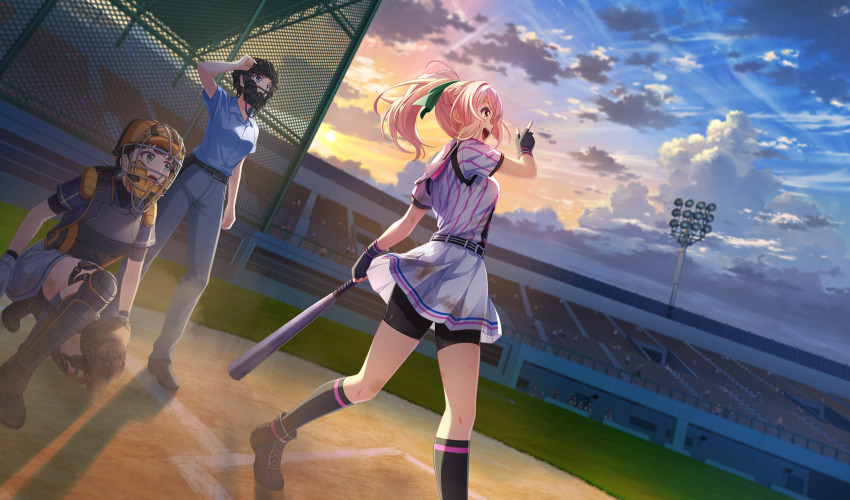 3girls :d baseball baseball_bat baseball_glove baseball_stadium baseball_uniform belt belt_buckle bike_shorts_under_skirt black_belt black_footwear black_gloves black_shorts black_socks black_undershirt blonde_hair blue_shirt bow brown_eyes buckle catcher&#039;s_mask catcher_(baseball) chest_protector cinderella_series cloud dutch_angle evening fingerless_gloves game_cg gloves green_bow green_eyes grey_pants hachigatsu_no_cinderella_nine hair_bow high_ponytail highres holding holding_baseball_bat looking_at_viewer looking_up metal_baseball_bat multiple_girls non-web_source official_art on_one_knee open_mouth outdoors pants playing_sports pleated_skirt ponytail satogahama_baseball_uniform shin_guards shirt shirt_under_shirt short_sleeves shorts skirt sky smile socks solo_focus sportswear standing striped_belt striped_clothes striped_shirt takanashi_yuzu umpire vertical-striped_clothes vertical-striped_shirt wristband