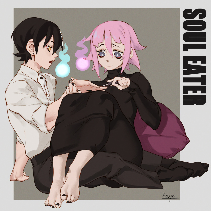 1boy 1other absurdres androgynous applying_manicure artist_name barefoot black_hair black_nails black_robe black_socks buttons collared_shirt commentary crona_(soul_eater) death_the_kid earrings ears_visible_through_hair english_commentary feet grey_eyes hair_between_eyes hayabusart high_collar highres jewelry long_sleeves multiple_boys nail_polish narrowed_eyes open_mouth painting_nails pink_hair robe shirt short_hair sidelocks signature single_earring sitting sitting_on_person sleeves_past_wrists sleeves_rolled_up smile socks soul_eater straddling toenail_polish toenails toes turtleneck white_shirt yellow_eyes