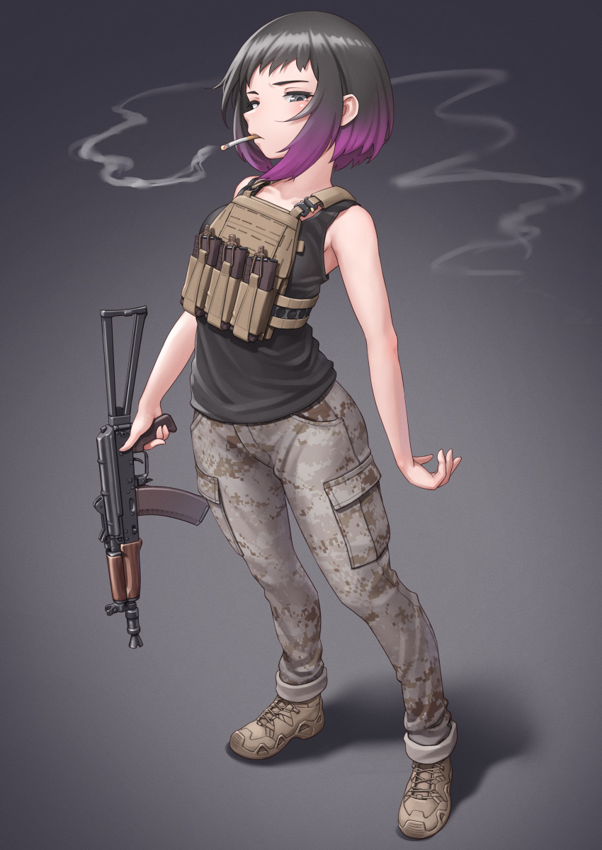 1girl absurdres aks-74u assault_rifle black_eyes black_hair black_tank_top bob_cut brown_shoes camouflage camouflage_pants cigarette closed_mouth commentary_request commission frown full_body glaring gradient_hair grey_background grey_pants gun half-closed_eyes harness highres holding holding_gun holding_weapon kalashnikov_rifle kzm_(sub-moa_works) looking_at_viewer magazine_(weapon) mouth_hold multicolored_hair original pants purple_hair rifle shoes short_hair skeb_commission smoking solo standing tank_top weapon
