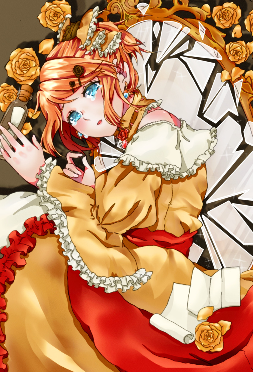 1girl aku_no_musume_(vocaloid) aqua_eyes bare_shoulders blonde_hair blue_eyes bottle bow broken_mirror choker crying crying_with_eyes_open dress earrings evillious_nendaiki female_focus flower frilled_dress frilled_sleeves frills hair_bow highres holding holding_bottle jewelry juliet_sleeves kagamine_rin letter long_sleeves lying message_in_a_bottle mirror on_side parted_lips puffy_sleeves regret_message_(vocaloid) reifuji riliane_lucifen_d&#039;autriche rose shards solo tears updo vessel_of_sin vocaloid wide_sleeves yellow_dress yellow_flower yellow_rose