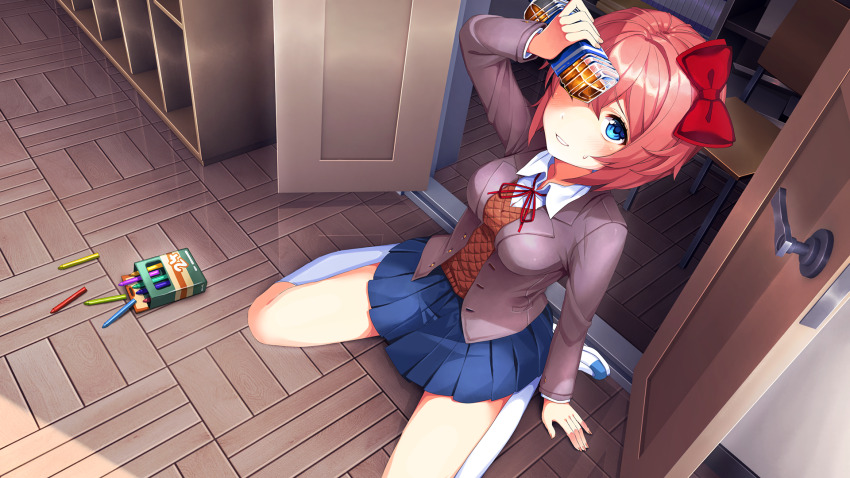 1girl blazer blue_eyes blue_skirt blush bottle bow breasts brown_jacket chair closet collared_shirt crayon doki_doki_literature_club doki_doki_literature_club_school_uniform game_cg hair_bow highres holding holding_bottle indoors jacket kneeling long_sleeves neck_ribbon official_art one_eye_closed open_clothes open_door open_jacket orange_sweater_vest pink_hair red_bow red_ribbon ribbon satchely sayori_(doki_doki_literature_club) school_uniform shirt shoes short_hair skirt socks solo sweatdrop sweater_vest third-party_source white_shirt white_socks