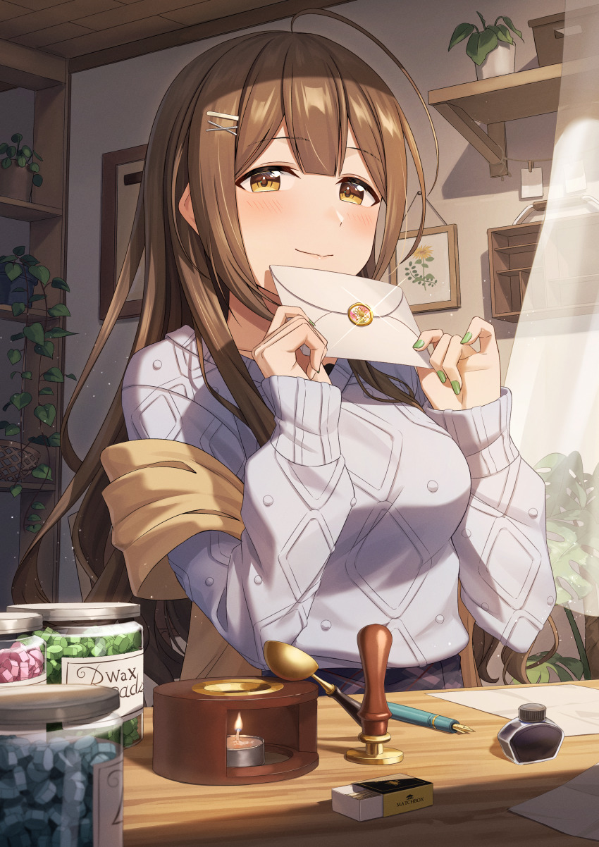1girl absurdres ahoge blush breasts brown_eyes brown_hair candle closed_mouth commentary_request desk envelope hair_ornament hairclip highres holding holding_envelope idolmaster idolmaster_shiny_colors indoors inkwell kurageso kuwayama_chiyuki long_hair long_sleeves matches medium_breasts nib_pen_(object) pen plant potted_plant sitting smile solo sweater table wax wax_seal white_sweater x_hair_ornament