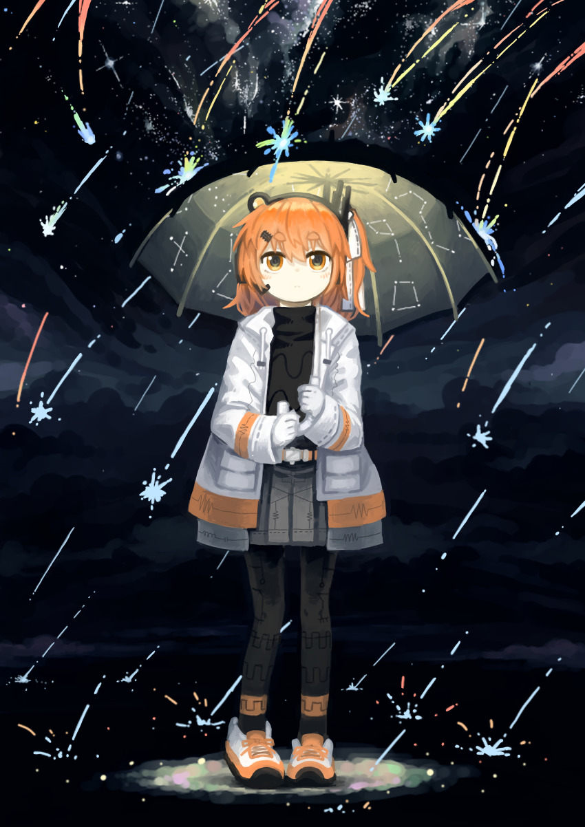 1girl a.i._voice absurdres adachi_rei belt bizarre_rain black_leggings black_shirt closed_mouth commentary_request constellation_print constellation_request dark_background expressionless gloves grey_skirt hair_ornament hairclip headlamp headset heel_up highres hikimayu holding holding_umbrella jacket leggings light_blush light_frown long_sleeves looking_at_viewer medium_hair meteor_shower night night_sky one_side_up open_clothes open_jacket orange_belt orange_eyes orange_hair outdoors overskirt pleated_skirt print_umbrella radio_antenna shirt shoes shooting_star skirt sky sneakers solo standing subaru_namisaki text_in_eyes turtleneck two-handed umbrella umbrella_over_shoulder utau white_gloves white_jacket