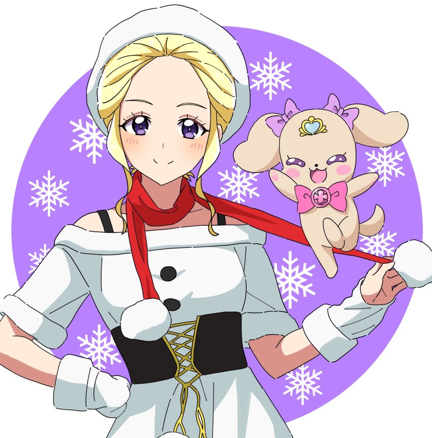 1girl alternate_hairstyle blonde_hair christmas commentary dog dress dress_straps fuurin_asumi gloves hair_up half_gloves hand_on_own_hip hat healin&#039;_good_precure highres kousuke0912 latte_(precure) looking_at_viewer off-shoulder_dress off_shoulder open_mouth precure purple_eyes red_scarf scarf short_sleeves sidelocks smile snowflake_background solo upper_body white_dress white_gloves white_hat